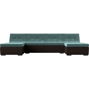 АртМебель П-образный модульный диван Монреаль велюр бирюзовый экокожа коричневый
