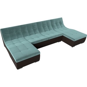 АртМебель П-образный модульный диван Монреаль велюр бирюзовый экокожа коричневый
