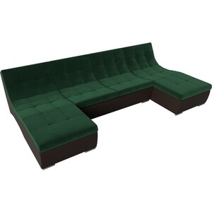 АртМебель П-образный модульный диван Монреаль велюр зеленый экокожа коричневый