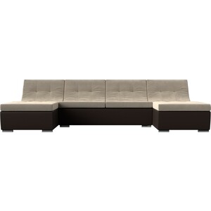 АртМебель П-образный модульный диван Монреаль микровельвет бежевый экокожа коричневый