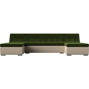 АртМебель П-образный модульный диван Монреаль микровельвет зеленый экокожа бежевый