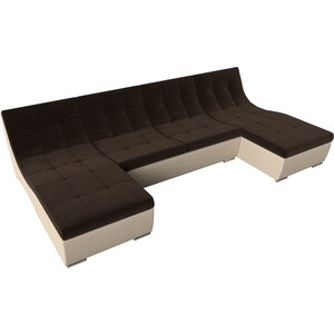 АртМебель П-образный модульный диван Монреаль микровельвет коричневый экокожа бежевый