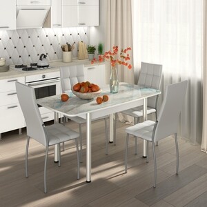 Обеденный комплект Бител Флорида стол СМ-7 ножки сталь прямые белые/серебро, четыре стула Волна серебро/Милк (BTL10000560) наружный обеденный стол прямоугольный 180x90x75 см тик