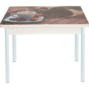 Стол обеденный Катрин Симпл поворотно раскладной, с фотопечатью, дуб молочный, чашка кофе, опора круглая муар белый раскладной стол мебелик