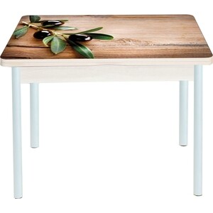 Стол обеденный Катрин Симпл поворотно раскладной, с фотопечатью, дуб молочный, маслины, опора круглая муар белый раскладной стол мебелик