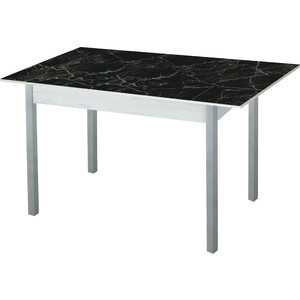 Стол обеденный Катрин Альфа с фотопечатью, бетон белый, черный мрамор, опора квадро серебристый металлик