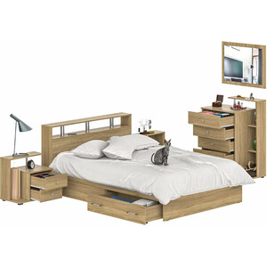 Комплект мебели СВК Камелия спальня № 12 кровать 140х200 с ящиками, комод с зеркалом, две тумбы, дуб сонома (1024053)
