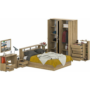 Комплект мебели СВК Камелия спальня № 3 кровать 140х200, комод, две тумбы, шкаф 160, косметический стол с зеркалом, дуб сонома (1024057)