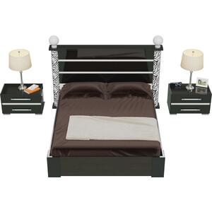 Кровать Мэри Сан-Ремо СР-05ПМ 1600х2000 с двумя тумбочками СР-04, венге цаво/чёрный глянец