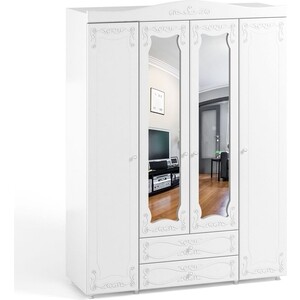Шкаф четырехдверный ОЛМЕКО Италия ИТ-63 две зеркальные дверцы, с ящиками, белое дерево шкаф трехдверный олмеко монако мн 58 с зеркальными дверьми и ящиками белое дерево