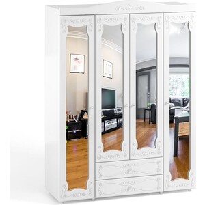 Шкаф четырехдверный ОЛМЕКО Италия ИТ-64 зеркальные двери, с ящиками, белое дерево шкаф четырехдверный олмеко монако мн 61 с зеркальными дверьми белое дерево
