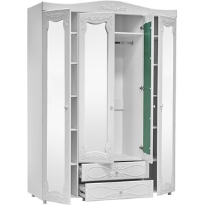Шкаф четырехдверный ОЛМЕКО Италия ИТ-64 зеркальные двери, с ящиками, белое дерево