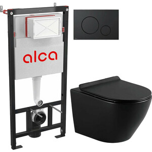 Комплект унитаза Selena Circulo с инсталляцией AlcaPlast, кнопка черная, сиденье микролифт, черный матовый (C001NM/M678) комплект унитаза с инсталляцией owl 1975