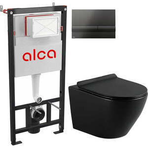 Комплект унитаза Selena Circulo с инсталляцией AlcaPlast, кнопка черная, сиденье микролифт, черный матовый (C001NM/M1718)