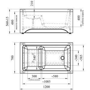Акриловая ванна Radomir Джоанна 120х70 c каркасом и фронтальной панелью (2-01-0-0-1-253Р, 2-21-0-0-0-253)