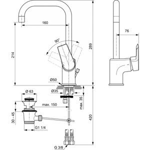 Смеситель для раковины Ideal Standard Tesi с донным клапаном, хром (A6571AA)