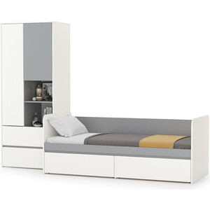 Модульная система для детской Моби Торонто 11.39 Кровать + 13.333 Шкаф для одежды, цвет белый шагрень/стальной серый, 80х190 кровать машина манго л белый
