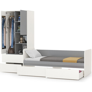 Модульная система для детской Моби Торонто 11.39 Кровать + 13.333 Шкаф для одежды, цвет белый шагрень/стальной серый, 80х190