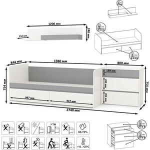 Модульная система для детской Моби Торонто 11.39 Кровать + 16.475 Полка + 13.321 Комод, цвет белый шагрень/стальной серый, 80х190