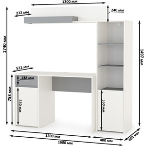 Модульная система для детской Моби Торонто 12.149 Стол + 13.13 Шкаф комбинированный + 16.475 Полка, цвет белый шагрень/стальной серый