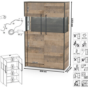 Комплект мебели Моби Трувор 13.205 шкаф-пенал с витриной + 13.306 комод с витриной дуб гранж песочный/интра