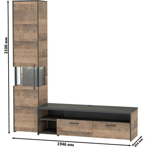 Комплект мебели Моби Трувор 13.70 тумба под ТВ + 13.205 шкаф-пенал с витриной дуб гранж песочный/интра