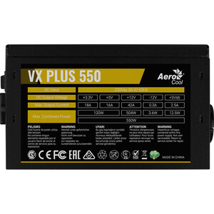 Блок питания Aerocool 550W VX PLUS 550 (ATX, 20+4 pin, 120mm fan,3xSATA) (VX PLUS 550)