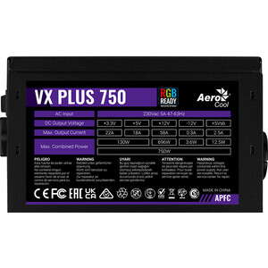 Блок питания Aerocool 750W VX PLUS 750W (ATX, RGB, 20+4 pin, 120mm fan, 6xSATA) (VX PLUS 750 RGB)