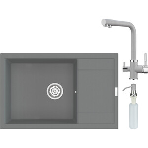 Кухонная мойка и смеситель Point Велета 78 с дозатором, серая (PN3002AL, PN3103AL, PN3201AL)