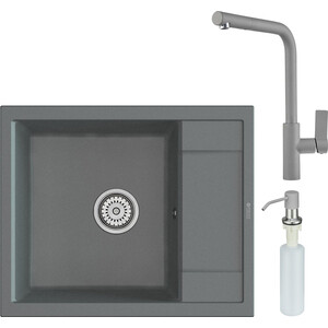 Кухонная мойка и смеситель Point Римо 60 с дозатором, серая (PN3010AL, PN3102AL, PN3201AL) кухонная мойка point римо белый pn3010w