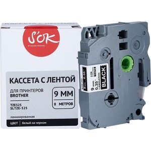 Кассета с лентой Sakura TZE325 для Brother, белый на черном, 9мм/8м, наклейка