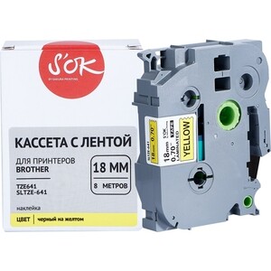 Кассета с лентой Sakura TZE641 для Brother, черный на желтом, 18мм/8м, наклейка