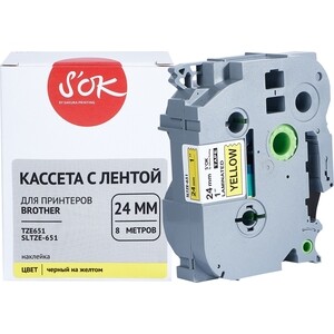 Кассета с лентой Sakura TZE651 для Brother, черный на желтом, 24мм/8м, наклейка