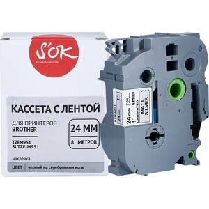 Кассета с лентой Sakura TZEM951 для Brother, черный на серебристом мате, 24мм/8м, н