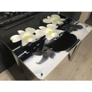 Стол обеденный поворотно раскладной фотопечать Катрин Симпл / бетон белый Орхидея на черных камнях / опора круглая Хром (KT19703)