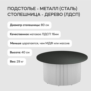 Журнальный столик Genglass круглый с металлическим белым подстольем и черной столешницей GENGLASS TRUBIS Wood GGT-03-3-2-M-80