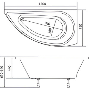 Акриловая ванна 1Marka Piccolo 150х75 левая, с каркасом (01пк1770л, 03пк1770)