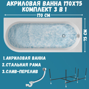 Акриловая ванна 1Marka Alisa MG 170х75 правая, с каркасом (01али1775пкс2+)