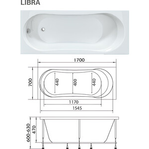 Акриловая ванна 1Marka Libra 170х70 с каркасом и фронтальной панелью (01ли1770кп)