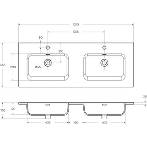 Раковина мебельная BelBagno 121х46 две чаши (BB1200-2-ETL)