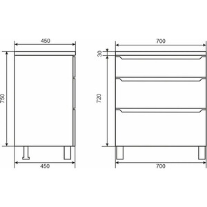 Тумба с раковиной Uperwood Tanos 70 напольная, 3 ящика, белая матовая (291020330, 291020336)