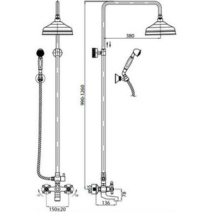 Душевая система Cezares Retro со смесителем для ванны, верхним и ручным душем, золото (Retro-CVD1-03)