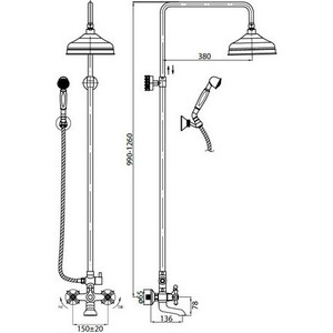 Душевая система Cezares Retro со смесителем для ванны, верхним и ручным душем, бронза (Retro-CVD2-02)