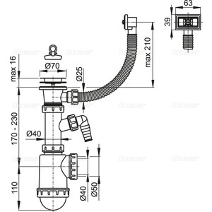 Сифон для кухонной мойки AlcaPlast с решеткой D70 и переливом и штуцером (A444P-DN50/40)