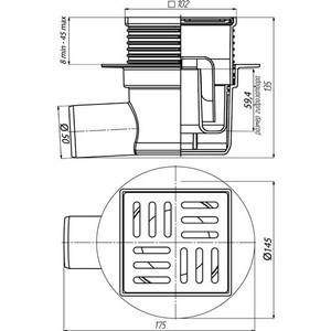 Душевой трап АНИ пласт 10х10/50 горизонтальный, регулируемый, мокрый затвор, решетка из нерж. стали (TA5602)