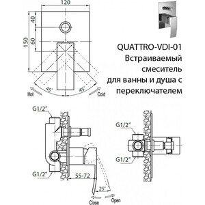 Смеситель для ванны Cezares Quattro встраиваемый с переключателем (QUATTRO-C-VDI-01)