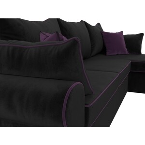 Диван угловой АртМебель Элис велюр черный с фиолетовыми подушками правый угол