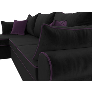 Диван угловой АртМебель Элис велюр черный с фиолетовыми подушками левый угол