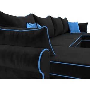 Диван Лига Диванов Элис велюр черный с голубыми подушками П- образный
