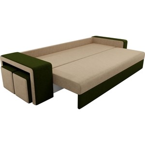 Прямой диван с двумя пуфами Лига Диванов Мустанг вельвет бежевый/зеленый